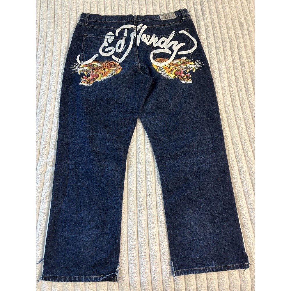 Ed Hardy Hellcat Logo Blue Jeans Men’s 40x32 Dark Wash Motorcycle Distressed Hem